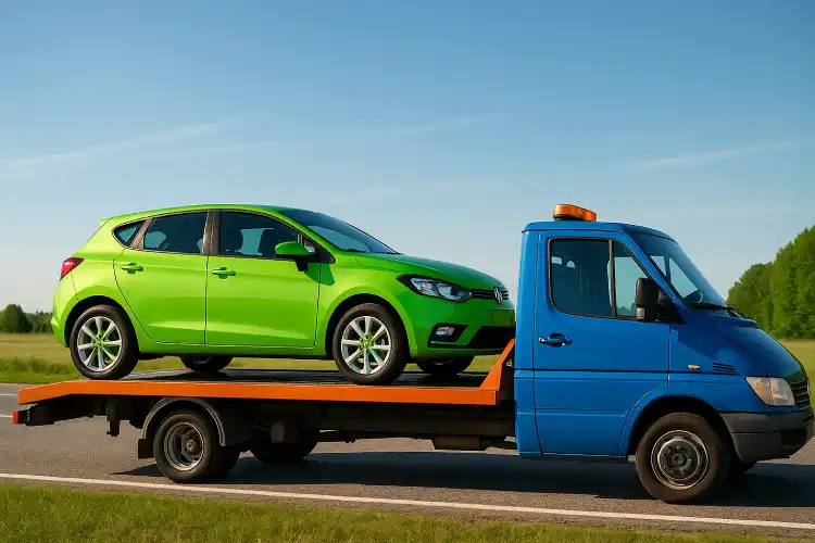 Эвакуатор перевозит автомобиль по трассе