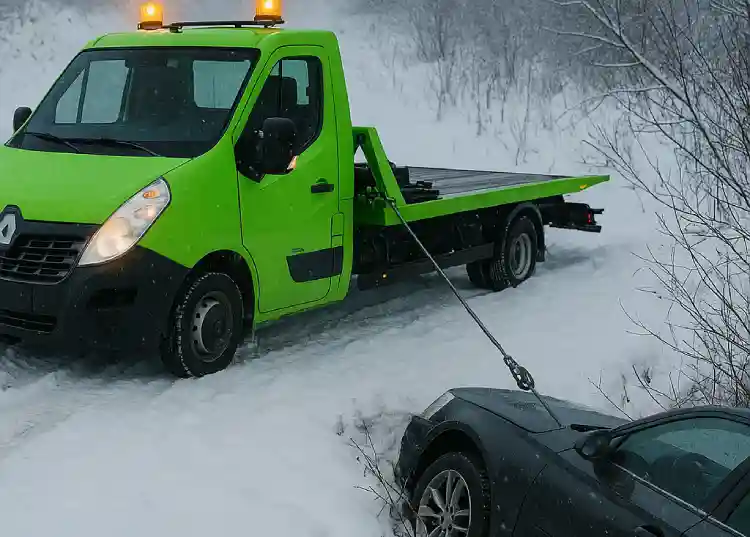 Эвакуатор с лебёдкой вытаскивает авто